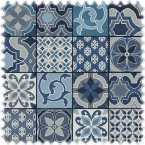 Naturfaser Baumwoll Möbelstoff Lissabon Blau im Azulejos Design